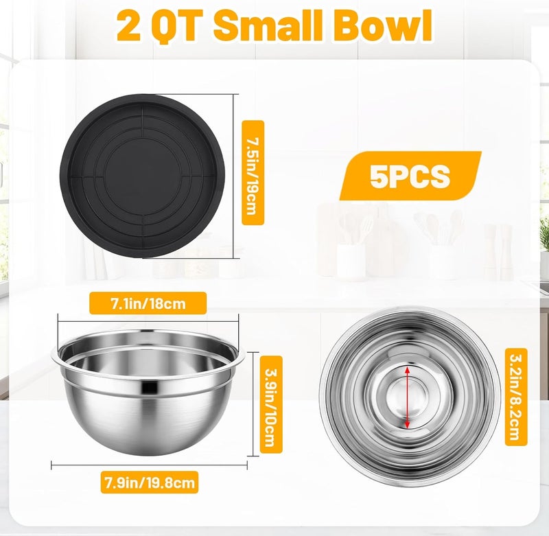 Beasea Stainless Mixing Bowls with Lids, 5 Pack 2 QT Stackable Stainless Steel Mixing Bowls with Black Airtight Lids for Salad, Serving, Food Storing, Baking Bowl Set for Cream Cake Prepping - Image 2