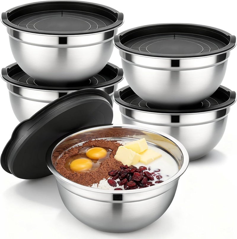 Beasea Stainless Mixing Bowls with Lids, 5 Pack 2 QT Stackable Stainless Steel Mixing Bowls with Black Airtight Lids for Salad, Serving, Food Storing, Baking Bowl Set for Cream Cake Prepping - Image 1
