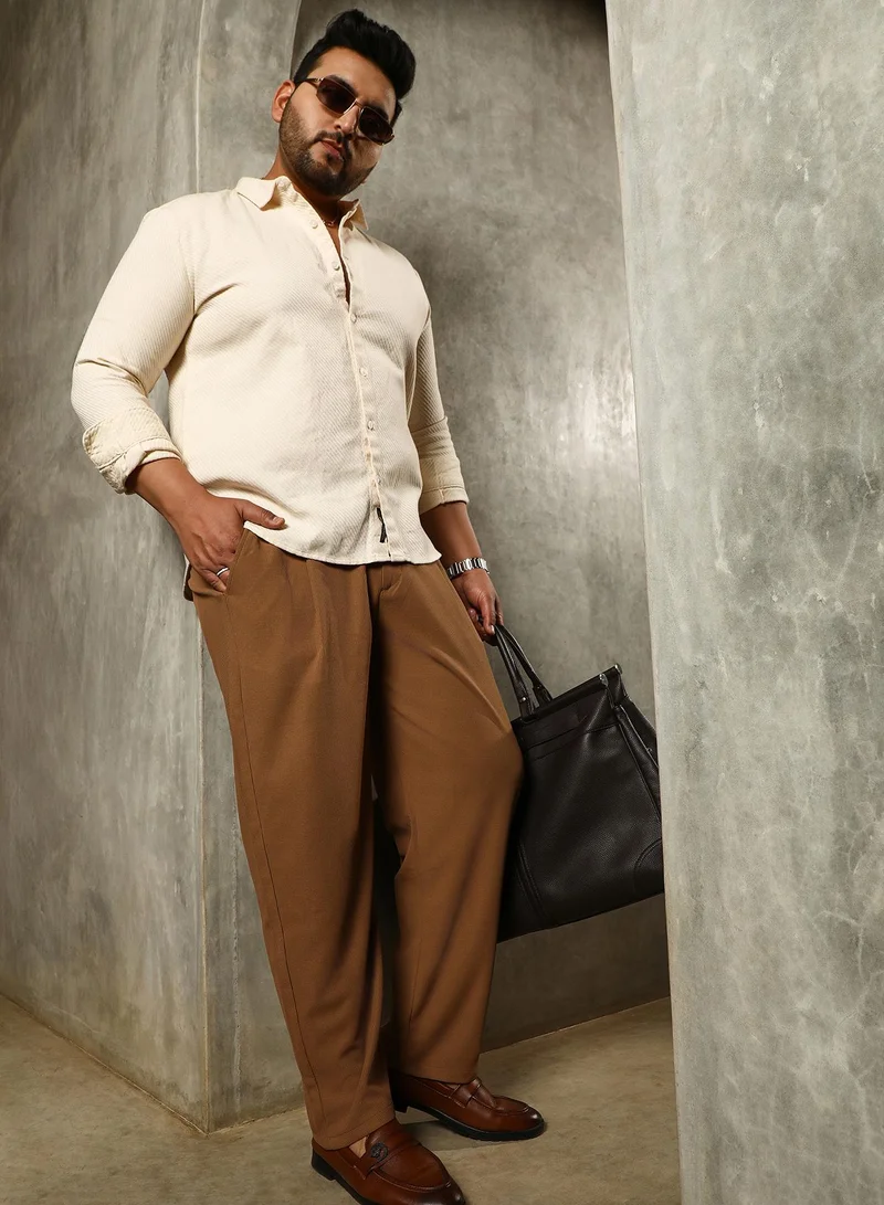 Instafab Plus  Instafab Plus Men's Sepia Brown Micro-Waffle Chino Trousers For Casual Wear | Mid-Rise | Regular Fit | Drawstring Closure | Plus Size Trousers Crafted With Comfort Fit For Everyday Wear for Men | Best Price UAE