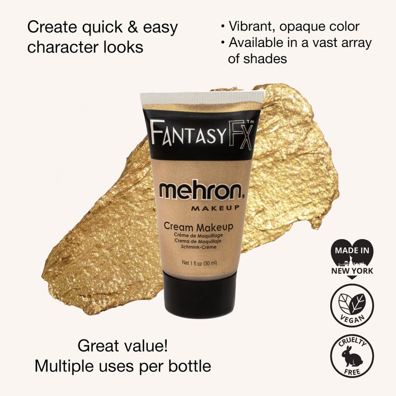 Mehron Makeup Fantasy FX Cream Makeup | Water Based | Halloween | Gold Face & Body Paint For Adults 1 fl oz (30ml) (Gold) - Image 2