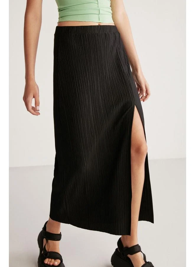 Ethiquet Vanessa Women's Slub Fabric Skirt with Slit Detail, Long Pencil Relaxed Fit, Black.