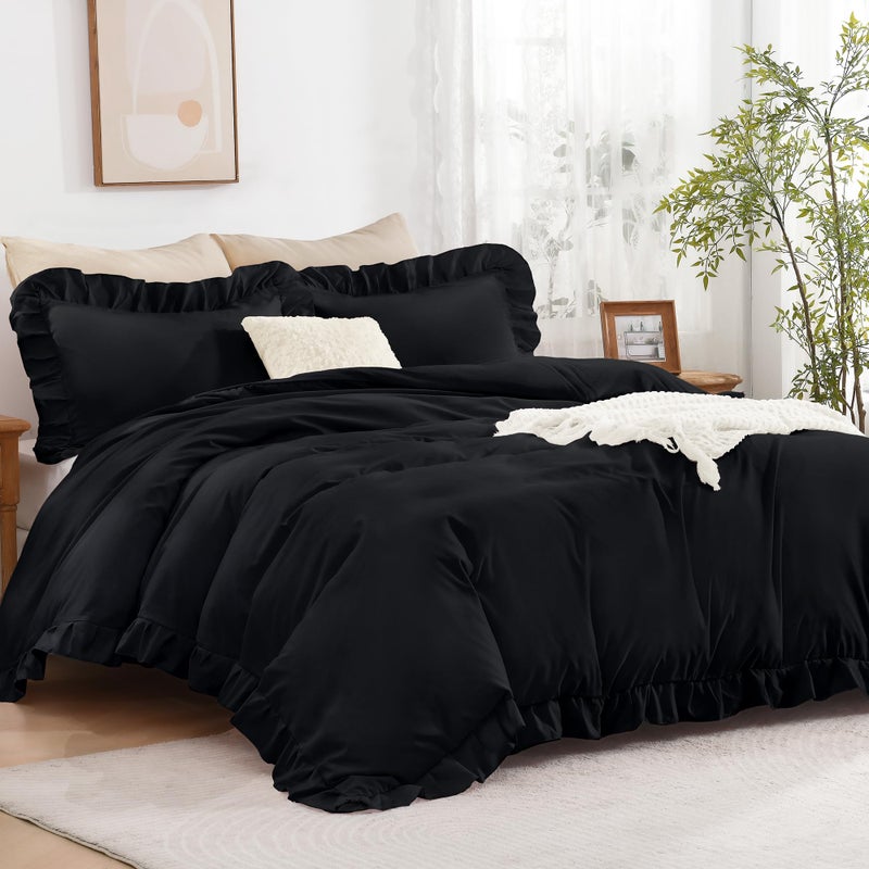 Andency Black Duvet Cover Full Size79x90Inch 3 Pieces Soft Microfiber Full Duvet Cover Set Ruffle Farmhouse Shabby Chic Duvet Cover with Zipper Closure