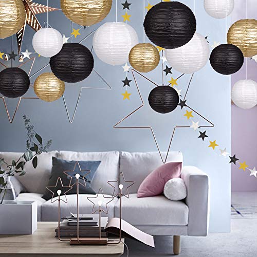 zilue Paper Lanterns Decorative, Round Hanging Paper Lanterns Decorations for Wedding Graduation Anniversary Birthday Party Supplies Black/Gold/White 15pcs - Image 5