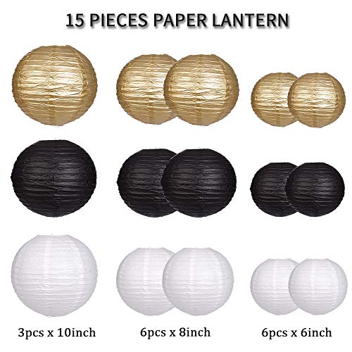zilue Paper Lanterns Decorative, Round Hanging Paper Lanterns Decorations for Wedding Graduation Anniversary Birthday Party Supplies Black/Gold/White 15pcs - Image 2