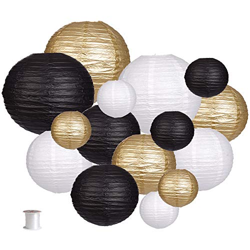 zilue Paper Lanterns Decorative, Round Hanging Paper Lanterns Decorations for Wedding Graduation Anniversary Birthday Party Supplies Black/Gold/White 15pcs - Image 1