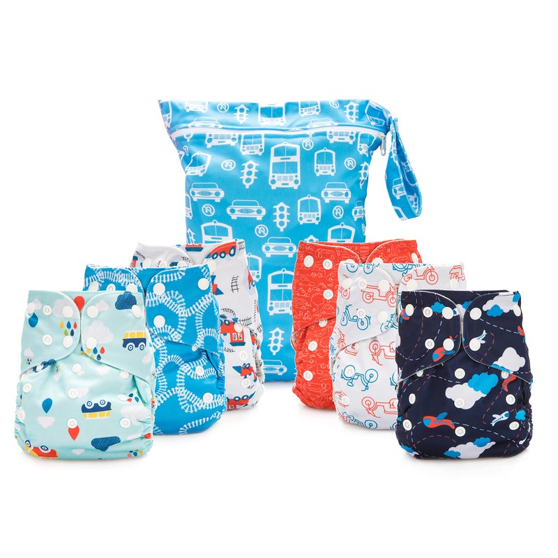 Simple Being Reusable Cloth Diapers, One Size Adjustable, Washable Soft Absorbent, Waterproof Cover, Eco-Friendly Unisex Baby Girl Boy, six 4-Layers Microfiber Inserts (Planes/Trains) - Image 1