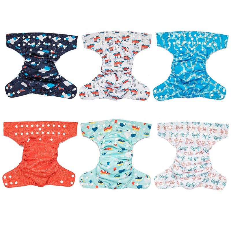 Simple Being Reusable Cloth Diapers, One Size Adjustable, Washable Soft Absorbent, Waterproof Cover, Eco-Friendly Unisex Baby Girl Boy, six 4-Layers Microfiber Inserts (Planes/Trains) - Image 4