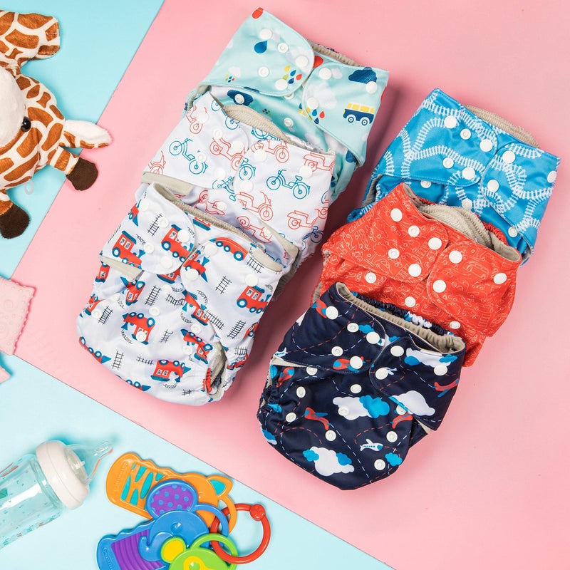 Simple Being Reusable Cloth Diapers, One Size Adjustable, Washable Soft Absorbent, Waterproof Cover, Eco-Friendly Unisex Baby Girl Boy, six 4-Layers Microfiber Inserts (Planes/Trains) - Image 3