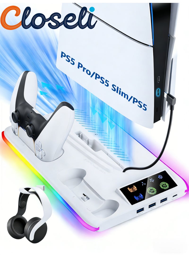 Closeli PS5 Stand, PS5 Controller Charging Station, PS5 Accessories, Cooling Stand with 3-Level Adjustable Cooling Fan, Headset Holder, RGB LED Light and USB Hub, PS5 Multifunction Cooling Stand, Compatible with PS5 / PS5 Slim / PS5 Pro - Image 1
