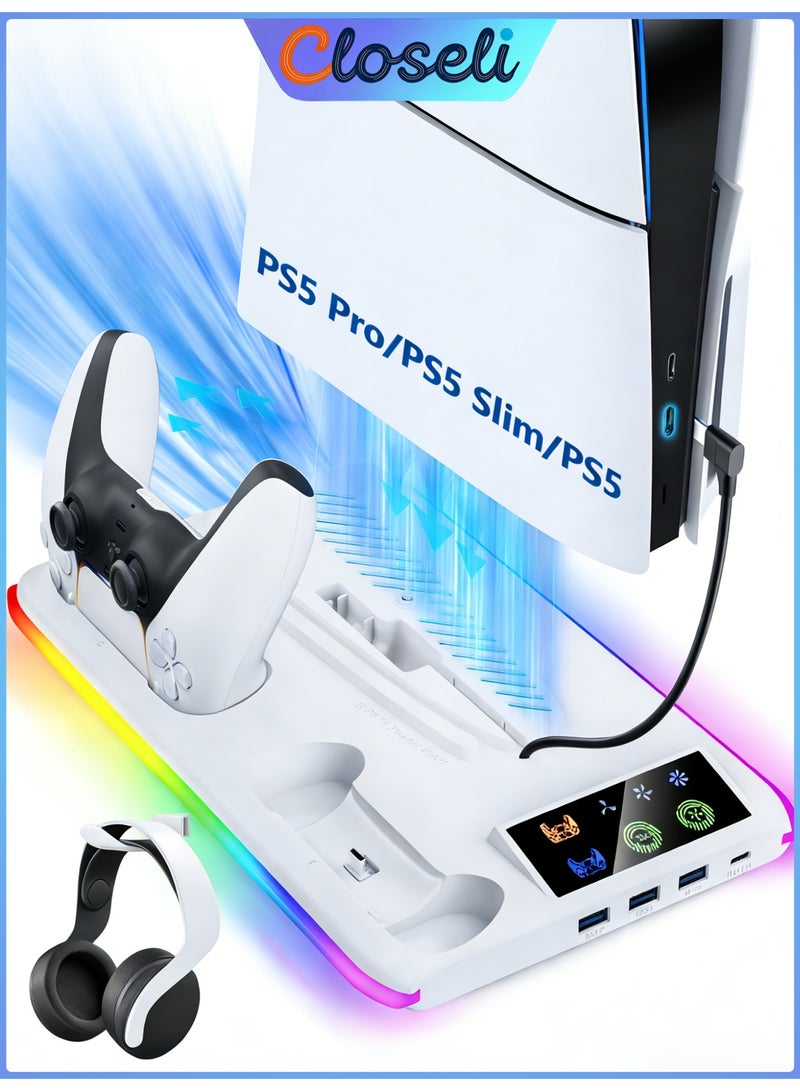 كلوزيلي حامل PS5، محطة شحن وحدات تحكم PS5، ملحقات PS5، حامل تبريد مع مروحة تبريد قابلة للتعديل بثلاثة مستويات، حامل سماعة رأس، إضاءة RGB LED ومنفذ USB Hub، حامل تبريد متعدد الوظائف لـ PS5، متوافق مع PS5 / PS5 Slim / PS5 Pro - Image 1