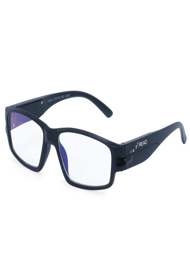 AEC V-Read Unisex Reading Glasses +1.00 Power Full Rim Stylish Blueblock Lenses with Inbuilt Night Mode LED Light & Free Hard Travel Case for Men and Women (Black) - Image 1