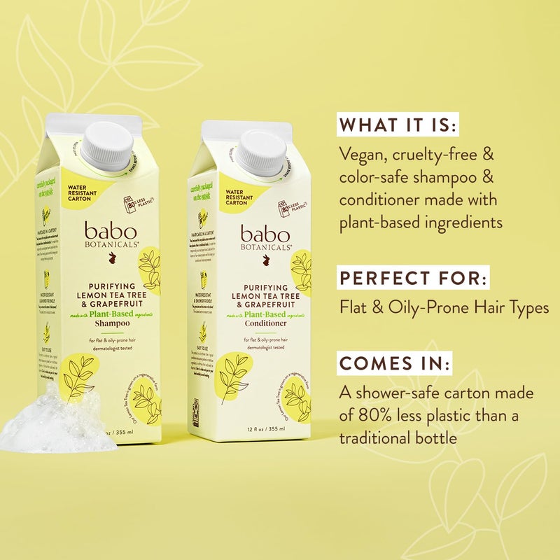 Babo Botanicals Purifying Lemon Tea Tree & Grapefruit Shampoo â€“ For Flat, Oily Prone Hair â€“ Add body & shine - Passion Fruit Ferment for scalp - Water-Resistant Carton w. 80% Less Plastic â€“ Vegan - Image 2