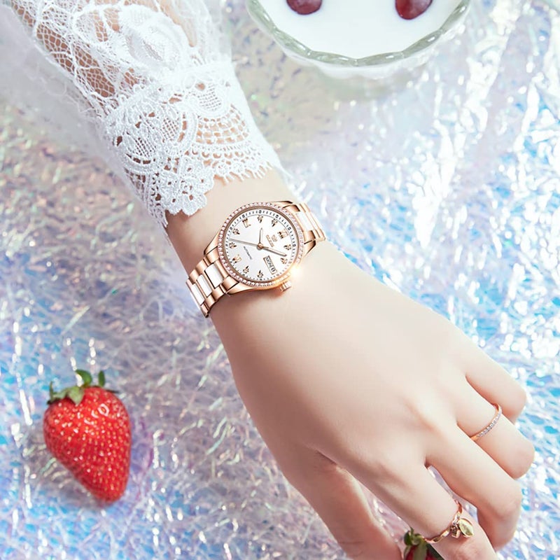 OLEVS Watches for Women Self Winding Ladies Wrist Watch Automatic Two Tone Stainless Steel Ceramic Bracelet Diamond Rose Gold Luminous Waterproof Women Watch White - Image 3