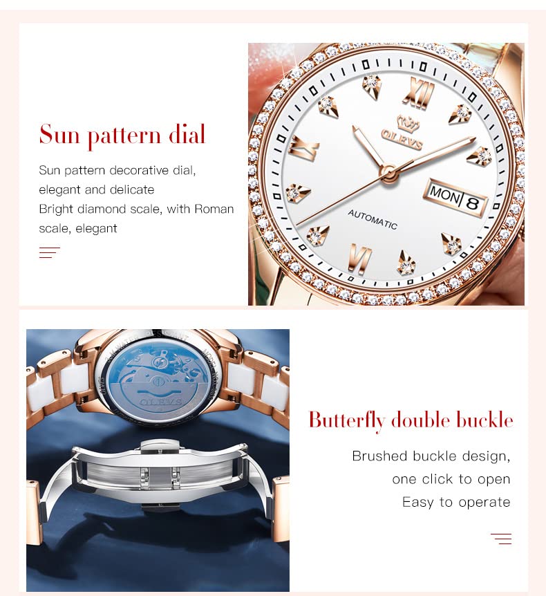OLEVS Watches for Women Self Winding Ladies Wrist Watch Automatic Two Tone Stainless Steel Ceramic Bracelet Diamond Rose Gold Luminous Waterproof Women Watch White - Image 4