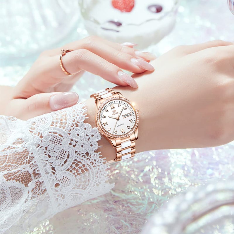 OLEVS Watches for Women Self Winding Ladies Wrist Watch Automatic Two Tone Stainless Steel Ceramic Bracelet Diamond Rose Gold Luminous Waterproof Women Watch White - Image 2