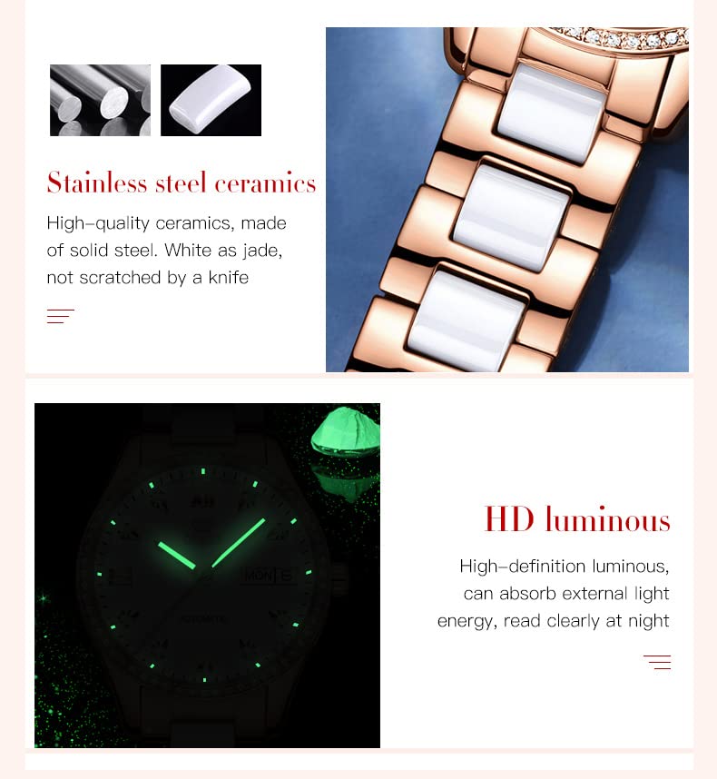 OLEVS Watches for Women Self Winding Ladies Wrist Watch Automatic Two Tone Stainless Steel Ceramic Bracelet Diamond Rose Gold Luminous Waterproof Women Watch White - Image 5
