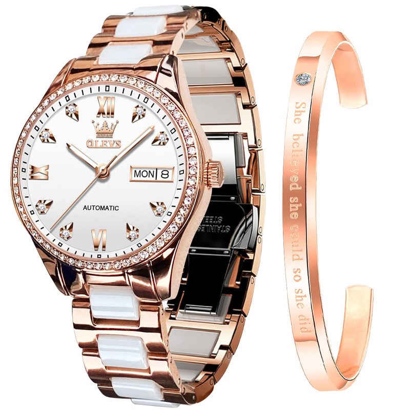 OLEVS Watches for Women Self Winding Ladies Wrist Watch Automatic Two Tone Stainless Steel Ceramic Bracelet Diamond Rose Gold Luminous Waterproof Women Watch White - Image 1