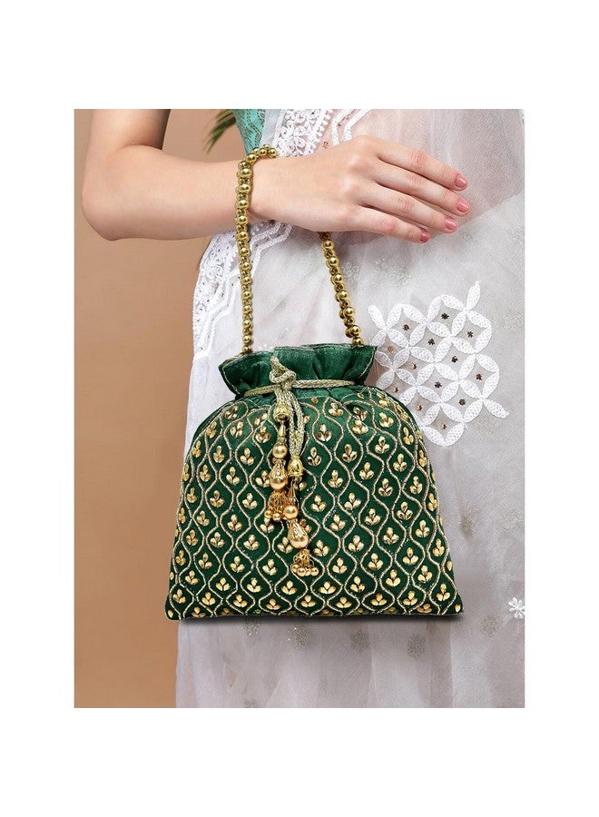 Peora Green Potli Purses for Women Handmade Evening Handbag Stylish Bridal Fashion Wristlet Bag for Girls (P27GRN) - Image 5