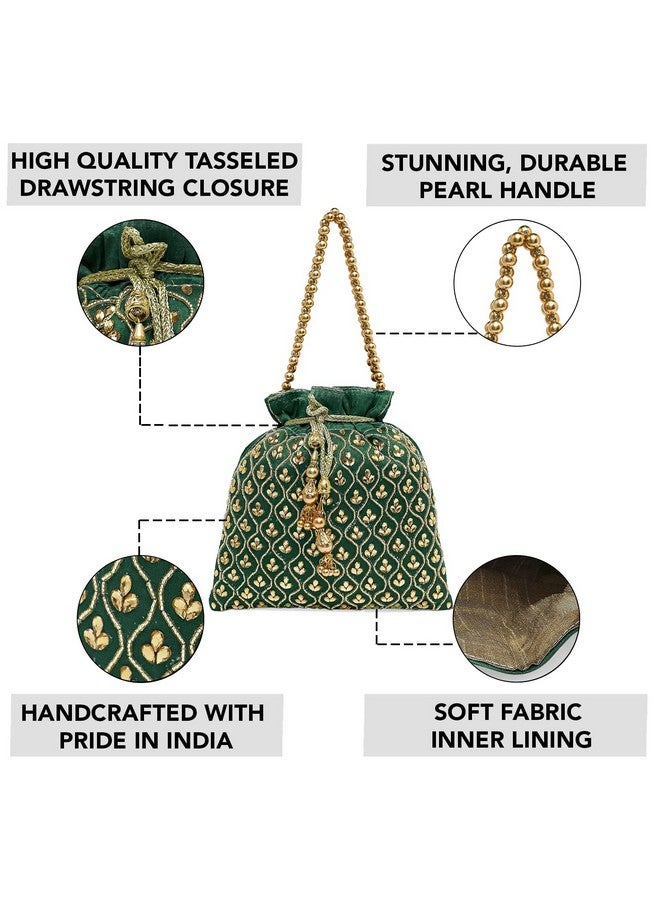 Peora Green Potli Purses for Women Handmade Evening Handbag Stylish Bridal Fashion Wristlet Bag for Girls (P27GRN) - Image 3