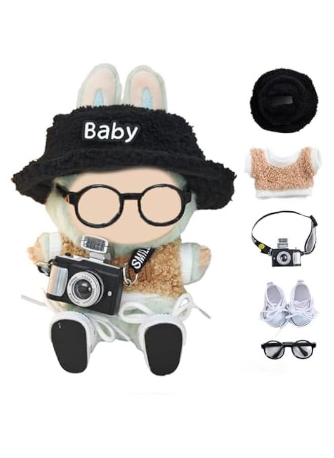 Arabest 5 Set Clothes for Labubu- Clothes for Dolls Outfit,Accessories for Labubu Dolls - Clothes +Light Pink Heart-Shaped Velvet hat + Small Camera + Glasses + Canvas Shoes, No Doll Included(Style F)  - Image 1