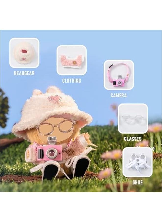 Arabest 5 Set Clothes for Labubu- Clothes for Dolls Outfit,Accessories for Labubu Dolls - Clothes +Light Pink Heart-Shaped Velvet hat + Small Camera + Glasses + Canvas Shoes, No Doll Included(Style F)  - Image 4
