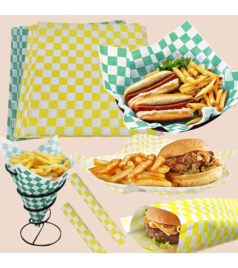 100 Sheets Red Checkerboard Greaseproof Wax Paper for Sandwiches Burgers - Image 1