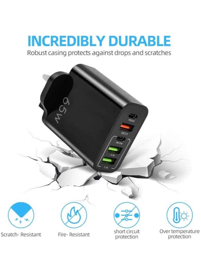 Generic - 5-Port 65W USB Fast Charger Plug PD Power Adapter, Multi USB Plug UK Type C Charging Plug Compatible for iPhone 15/14 Pro Max and AirPods, iPad,Samsung S24/23 Ultra-Black - Image 1