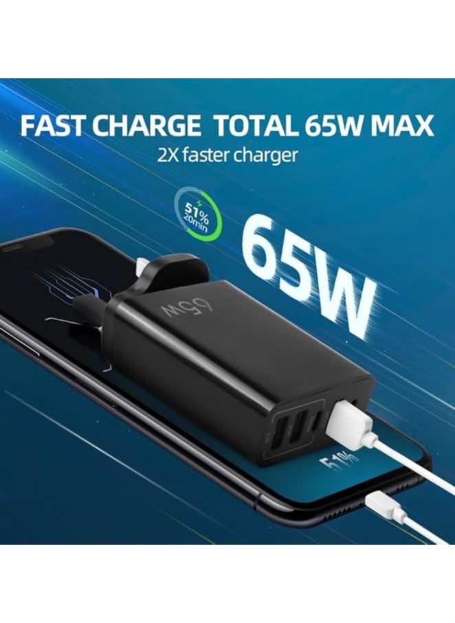 Generic - 5-Port 65W USB Fast Charger Plug PD Power Adapter, Multi USB Plug UK Type C Charging Plug Compatible for iPhone 15/14 Pro Max and AirPods, iPad,Samsung S24/23 Ultra-Black - Image 1