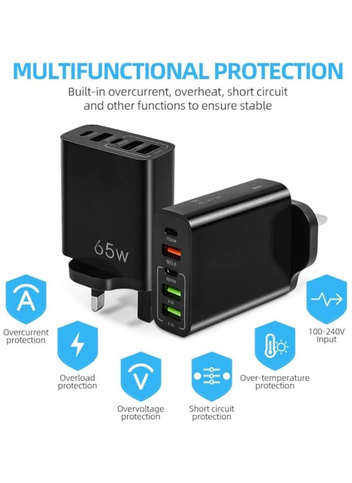 Generic - 5-Port 65W USB Fast Charger Plug PD Power Adapter, Multi USB Plug UK Type C Charging Plug Compatible for iPhone 15/14 Pro Max and AirPods, iPad,Samsung S24/23 Ultra-Black - Image 1