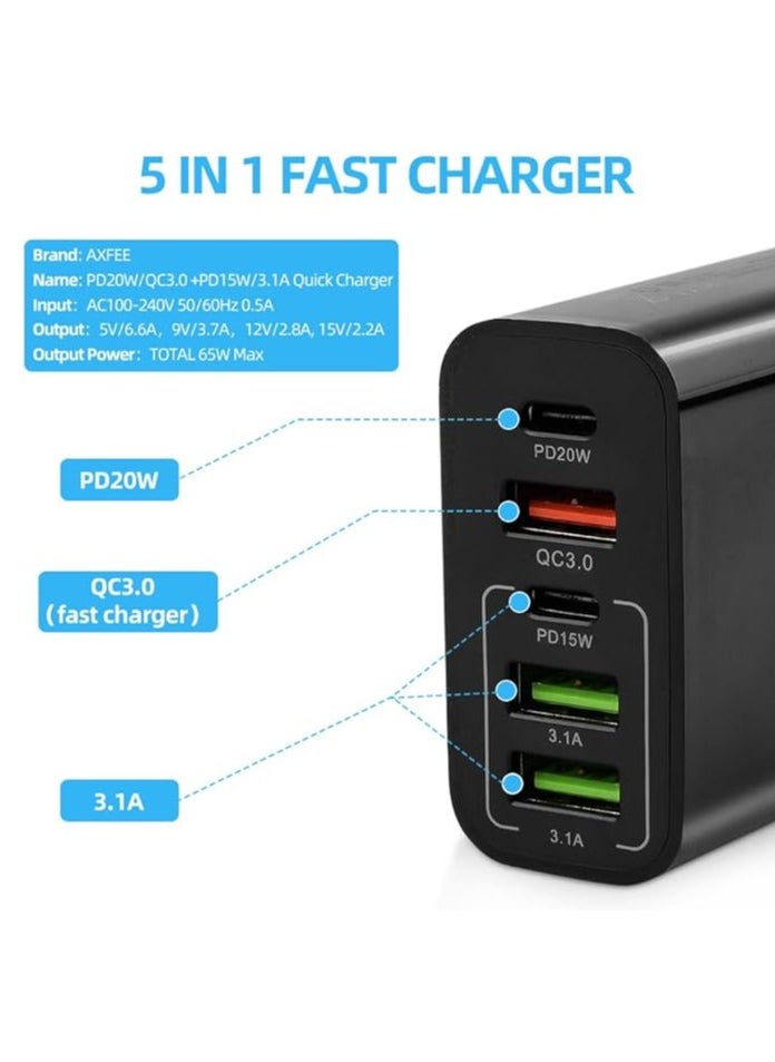 Generic - 5-Port 65W USB Fast Charger Plug PD Power Adapter, Multi USB Plug UK Type C Charging Plug Compatible for iPhone 15/14 Pro Max and AirPods, iPad,Samsung S24/23 Ultra-Black - Image 1