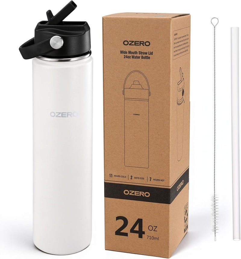 OZERO 24 Oz Insulated Stainless Steel Water Bottle with Lid and Straw - Double Wall Tumbler for Hot & Cold Drinks, Fits in Car Cup Holder, Leak-Proof Water Bottle for Sports, Gym and School - Image 1