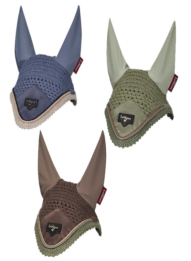 LeMieux Loire Ear Bonnet - Signature Metal Embossed Motif - Recycled Crochet - Satin Fabric Front - Soft Stretch Ears - Jay Blue - Medium - Image 1