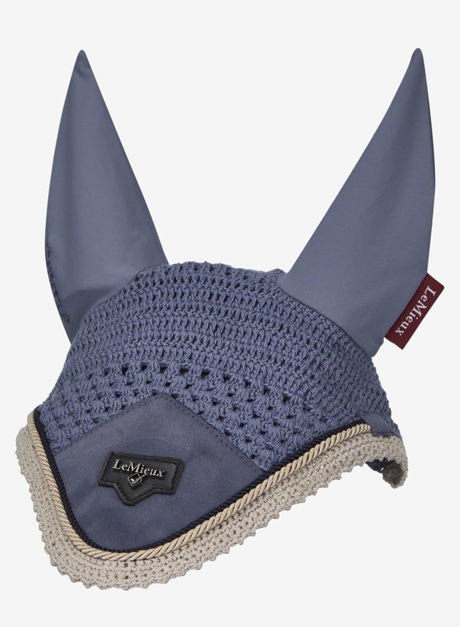 LeMieux Loire Ear Bonnet - Signature Metal Embossed Motif - Recycled Crochet - Satin Fabric Front - Soft Stretch Ears - Jay Blue - Medium - Image 4