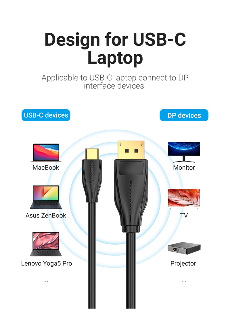 VENTION USB-C to DisplayPort Cable, Thunderbolt Compatible, 8K@60Hz/4K@144Hz UHD, Gold-Plated, Tinned-Copper Conductor, Multiple Shielding, Plug & Play for Monitors and Projectors (USB-C to DP, 1 M)