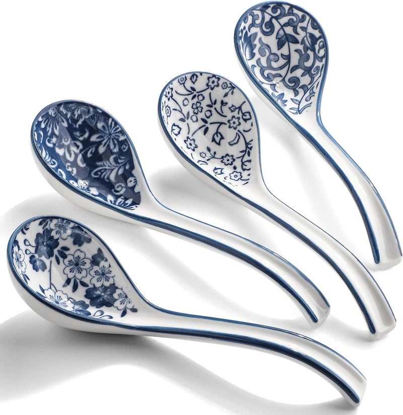 forkmannie Ceramic Soup Spoons, Asian Soup Spoon Chinese Set of 4 Japanese Ramen Long Handle Soup Spoons for Udon,Pho,Ramen,Miso,Cream Soup,Pasta,Eel Rice,Broth Soup,Dumplings - Image 1