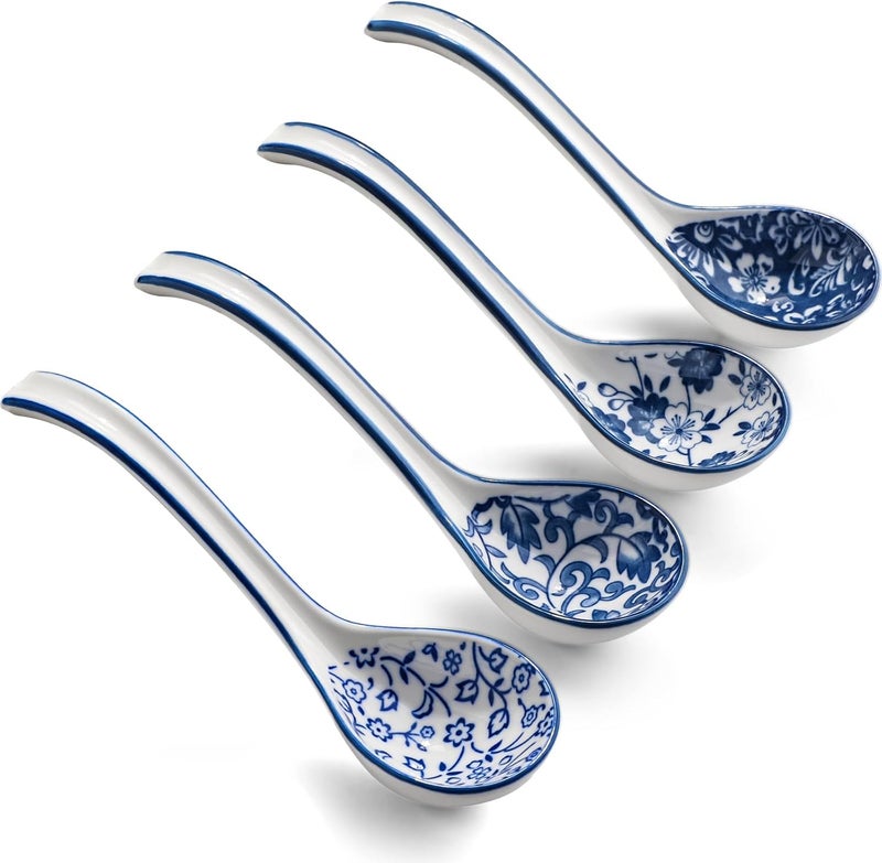 forkmannie Ceramic Soup Spoons, Asian Soup Spoon Chinese Set of 4 Japanese Ramen Long Handle Soup Spoons for Udon,Pho,Ramen,Miso,Cream Soup,Pasta,Eel Rice,Broth Soup,Dumplings - Image 3