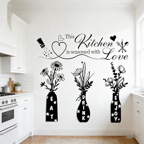Datesno This Kitchen is Seasoned with Love Farmhouse Kitchen Wall Decals - EAT Drink Enjoy Floral Vase Stickers with Heart & Spice Design, Removable Vinyl Art Decor for Dining Room, Coffee Bar, Home Kitchen - Image 1