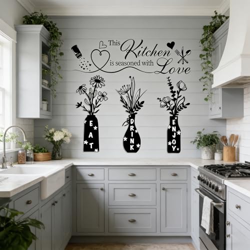 Datesno This Kitchen is Seasoned with Love Farmhouse Kitchen Wall Decals - EAT Drink Enjoy Floral Vase Stickers with Heart & Spice Design, Removable Vinyl Art Decor for Dining Room, Coffee Bar, Home Kitchen - Image 3