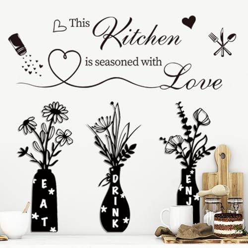 Datesno This Kitchen is Seasoned with Love Farmhouse Kitchen Wall Decals - EAT Drink Enjoy Floral Vase Stickers with Heart & Spice Design, Removable Vinyl Art Decor for Dining Room, Coffee Bar, Home Kitchen - Image 4