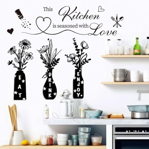 Datesno This Kitchen is Seasoned with Love Farmhouse Kitchen Wall Decals - EAT Drink Enjoy Floral Vase Stickers with Heart & Spice Design, Removable Vinyl Art Decor for Dining Room, Coffee Bar, Home Kitchen - Image 5