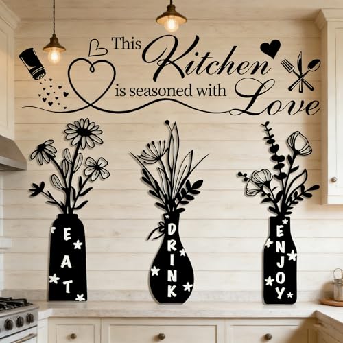 Datesno This Kitchen is Seasoned with Love Farmhouse Kitchen Wall Decals - EAT Drink Enjoy Floral Vase Stickers with Heart & Spice Design, Removable Vinyl Art Decor for Dining Room, Coffee Bar, Home Kitchen - Image 2