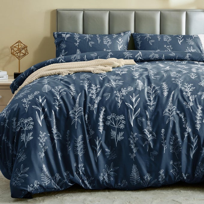 DUVET COVER KING SIZE REVERSIBLE FLORAL NAVY DUVET COVER SET WITH ZIPPER CLOSURE 3 PIECES BOTANICAL PATTERNS SOFT MICROFIBER BEDDING SET 90X104 2 PILLOW CASES 2036