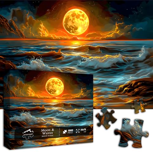 PICKFORU Ocean Moon Puzzles for Adults 1000 Pieces Nature Art Landscape Jigsaw Puzzles with Mystery Full Moon Colorful Magic Moonlight Sea Wave Themed Puzzle Scenery Hard Impossible Challenging for Adults - Image 5