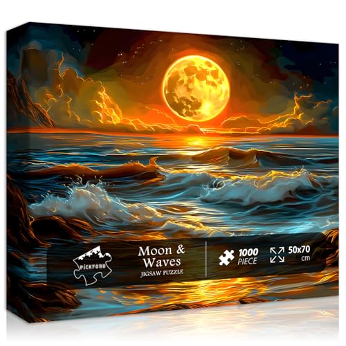 PICKFORU Ocean Moon Puzzles for Adults 1000 Pieces Nature Art Landscape Jigsaw Puzzles with Mystery Full Moon Colorful Magic Moonlight Sea Wave Themed Puzzle Scenery Hard Impossible Challenging for Adults - Image 1