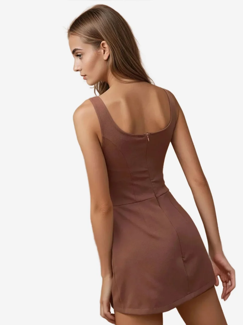 Hiccup Mocha Brown Fitted Mini Dress with Shorts for Women | Best Price UAE