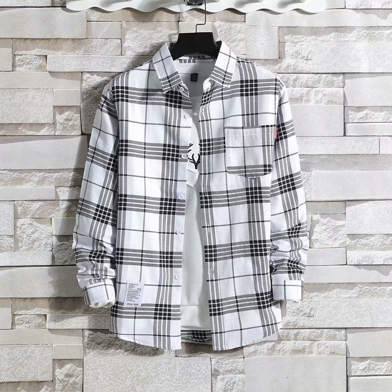 Spring and Autumn Thin Plaid Long-sleeved Shirt Mens Loose Ins Fashionable Korean Style Shirt Mens Work Clothes for Construction Site White 6670