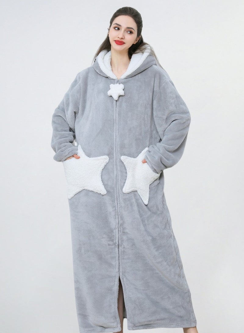 Loquat Unisex Winter Long Thick Zipper Hooded Nightgown Flannel Bathrobe Pajamas Grey - Image 1
