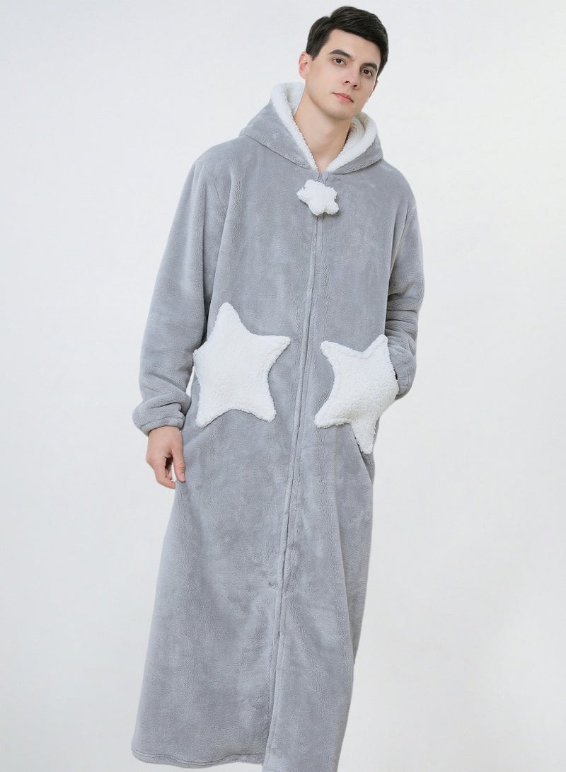 Loquat Unisex Winter Long Thick Zipper Hooded Nightgown Flannel Bathrobe Pajamas Grey - Image 2