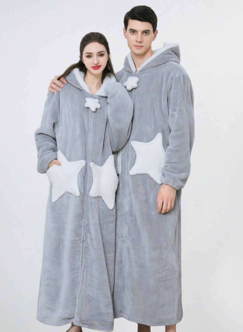 Loquat Unisex Winter Long Thick Zipper Hooded Nightgown Flannel Bathrobe Pajamas Grey - Image 3