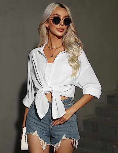 HOTOUCH Womens White Button Up Shirt Office Dress Loose Drop Shoulder Blouse with Pockets White, Medium, Long Sleeve - Image 2